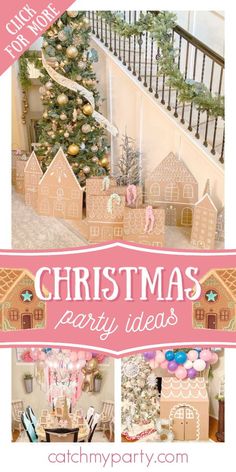 a christmas party with gingerbread houses and pink decorations on the stairs, in front of a