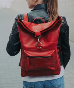 "Red leather backpack made of 100% cowhide natural leather. Rucksack is perfect to carry everting you need for work, study, trip or active outdoors. Our laptop backpack combines classic style and modern usable design, just the right size - not too big but still capacious. A beautiful and elegant city backpack, handmade from high quality leather. This lovely backpack will be your best friend and companion in all of your adventures - it will fit many books, notepads, a water bottle, snacks, earpho Large Capacity Red Leather Backpack For Everyday Use, Red Leather Backpack For Everyday Use With Large Capacity, Functional Red Leather Bag, Red Travel Backpack With Adjustable Strap, Modern Red Backpack For School, Red Travel Backpack, Modern Red School Bag, Modern Red Backpack For Daily Use, Red Rectangular Leather Backpack For Travel