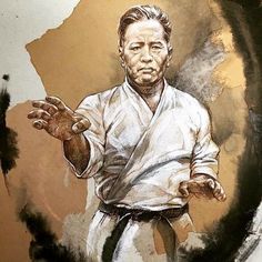 a painting of a man with his hands out in front of him, wearing a karate outfit