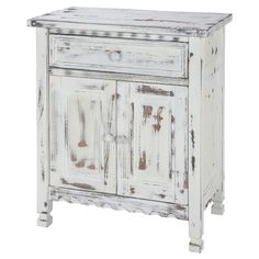 an old white wooden cabinet with two doors and one drawer on the bottom, against a white background