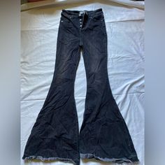 Free People Flared Black Denim Size: W26 Used Once, In Brand New Condition Black High Waist Flare Jeans With Frayed Hem, Fitted Washed Black Denim Flare Jeans, Black Stretch Denim Flare Jeans, High Waist Dark Wash Grunge Flare Jeans, Grunge High Waist Dark Wash Flare Jeans, Grunge High-waist Dark Wash Flare Jeans, Trendy Washed Black Mid-rise Flare Jeans, Black Flare Jeans With Frayed Hem, Fitted Black Flare Jeans With Frayed Hem