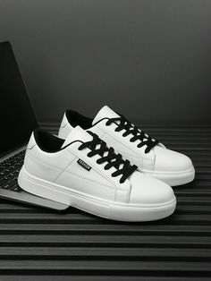 Men's Personality Contrast Color Letter Pattern Casual Sneakers, Simple Outdoor Sports Flat Skate Shoes With Front Tie White     Colorblock,Letter,Plain    Men Shoes, size features are:Bust: ,Length: ,Sleeve Length: Black Sports Shoes, White Shoes Men, Spring Sneakers, Sporty Casual, Men Sneakers, Breathable Sneakers, Low Top Sneakers, Athletic Sneakers, Letter Patterns