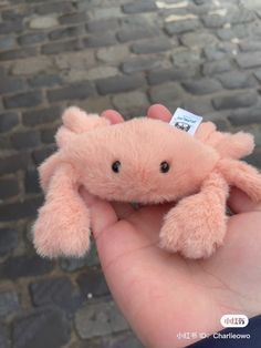 a hand holding a small pink stuffed animal on it's palm with a price tag