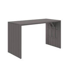 a gray desk with two doors on the top and one door open to reveal an outside area