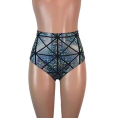 Our classic high waist hot pants with scrunch ruching detail in back to offer a "cheekier" look. These hot pants are made of stretchy silver holographic glass pane spandex and sit high on your natural waist. Wear as a bikini bathing suit bottom, panties, rave shorts, running shorts, etc. They have a built in liner and are made to be flattering to your figure. Stretch Rave Shorts For Party, Stretch Rave Party Shorts, Rave Party Shorts With Stretch, Fitted Shiny Metallic Bottoms, Fitted Metallic Shiny Bottoms, Stretch High Waist Swimwear For Club, Stretch High-waist Swimwear For Club, Stretch High Waist Club Swimwear, Shiny Stretch Bottoms For Summer