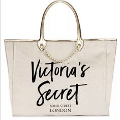 Brand New Victoria'S Secret Canvas Tote Bag. Beautiful Bag, Ivory Color Interior Zip Pocket 16l X 8w X 7h 7 Drop Length Bond Street London, Victoria Secret Jeans, City Tote Bag, Victoria Secret Pink Logo, Gold Tote Bag, Victoria Secret Tote Bags, Color Interior, Grey Tote, Carryall Tote