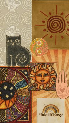 an artistic collage with cats and sunbursts in the sky, on top of other art work