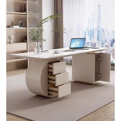 an office desk with a laptop on it in front of a large window and cityscape