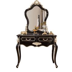 an ornate black and gold dresser with mirror