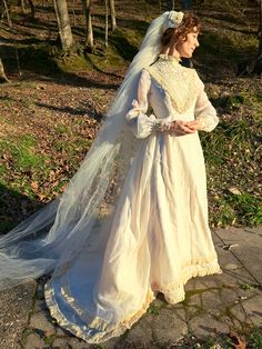 a woman in a wedding dress is standing on the ground with her veil over her head