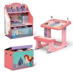 Cater to your little ones creative side with this Disney Princess 3-Piece Art & Play Toddler Room-in-a-Box by Delta Children! A versatile set covered in lovable Princess graphics makes it easy for kids to draw, paint, play and learn, while at the same time develop imagination, creativity and hands-on ability. This all-in-one art and play solution includes a Draw & Play Desk, Art & Storage Station and Fabric Toy Box. The Draw & Play Desk is a colorful spot to paint or draw. This sturdy art desk w Disney Princess Baby Room, Disney Princess Toddler Room, Princess Toddler Bedroom, Disney Princess Room Ideas, Toddler Princess Room, Disney Princess Room Decor, Princess Kids Room, Princess Furniture, Disney Princess Room