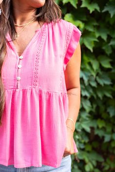 DETAILS How sweet is this babydoll blouse? With a flowy fit, textured details, function white buttons, and cute ruffle cap sleeves, this adorable top will be a cute change in your closet. Pair with denim shorts or white jeans for a fresh look! FIT TIP: True to size! Cassidy is wearing a small [5'2", 135 lbs, hourglass shape] BRAND: Wishlist Apparel Functional buttons Ruffle trim sleeves Textured details 100% Rayon CARE INSTRUCTIONS Hand wash, lay flat to dry