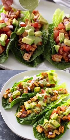 lettuce wraps filled with chicken, avocado and tomato salad dressings