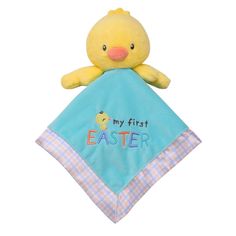 a yellow stuffed animal sitting on top of a blue and pink blanket that says my first easter