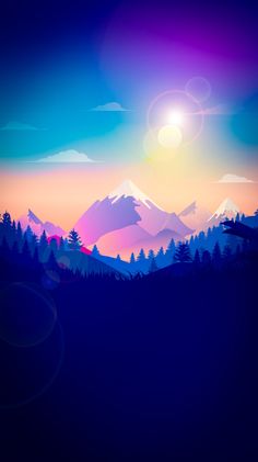 the sun shines brightly over mountains and trees in this colorful sunset scene with blue, pink, yellow and purple colors