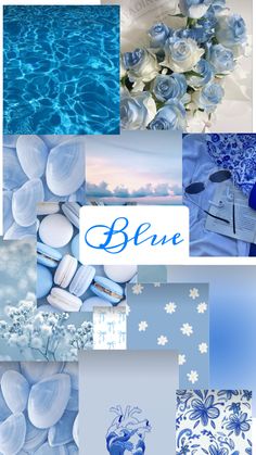 a collage of blue and white images