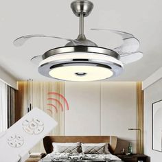 a modern ceiling fan with remote controls in a white bedroom, and an image of a bed on the wall behind it