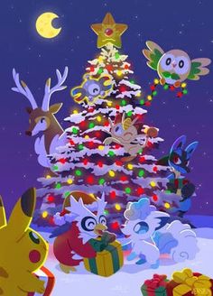 an animated christmas tree with pokemon characters around it