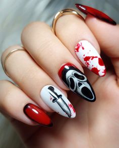 Scream Knife Nail Art, Jason Mask Nails, Micheal Myers’s Nails, Insidious Nails, Ghostface Short Nails, Ghost Face Nails Almond, Jason Voorhees Nail Art, Michael Myers Nails Halloween, Horror Movie Nail Art