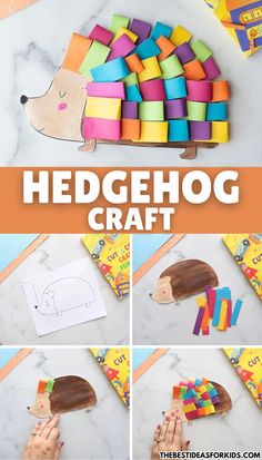 the hedgehog craft is made with construction paper and colored construction blocks it's easy to make