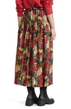 Stitched-down pleats and a jaunty fringe-trim sash add to the prairie charm of this midi-length skirt covered in a vibrant floral print. 33"center front length(size 0) 100% viscose Dry clean Imported Printed Long Skirt, Floral Print Midi Skirt, Hidden Garden, Floral Maxi Skirt, Midi Length Skirts, Fringe Trim, Women Skirts Midi, Long Skirt, Autumn Winter Fashion