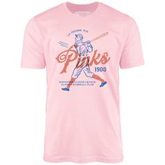 La Crosse Pinks - Wisconsin - Vintage Defunct Baseball Teams - Unisex T-Shirt – m00nshot College Throwback T-shirt With Team Logo, Collegiate Baseball Jersey With Graphic Print For Fans, Collegiate Style Short Sleeve Baseball Jersey, Retro Sports Event T-shirt With Team Logo, Retro T-shirt With Team Logo For Sports Events, Vintage Team Logo T-shirt For Fans, Throwback Baseball Season Fan T-shirt, Throwback T-shirt For Baseball Season Game Day, Throwback T-shirt For Baseball Game Day