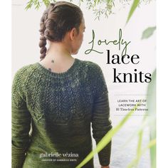 a woman wearing a green sweater standing in front of a tree with the words lovely lace knits written on it