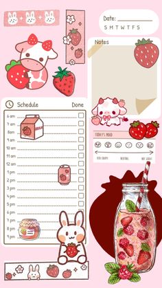 a pink background with stickers and tags for strawberry milkshake, strawberries