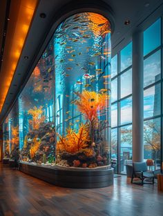 an aquarium in the middle of a large room