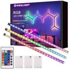 the rgb led strip light with remote control is shown in front of an image