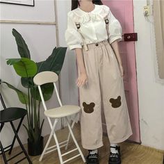 Material: Cotton Material: Polyester Length: Full Length Pattern Type: Cartoon Style: Kawaii Pant Style: Wide Leg Pants Front Style: Flat Fit Type: Skinny Decoration: Embroidery Decoration: Pattern Fabric Type: Batik Closure Type: Elastic Waist Waist Type: High Gender: WOMEN ONE SIZE ：Length:86cm Waist:54-80cm Leg:62cm Kawaii Pants, Embroidery Pants, Wide Leg Pants Women, Y2k Aesthetic Fashion, Bear Embroidery, Pants Korean, Kawaii Harajuku, Japanese Kawaii, Cute Pants