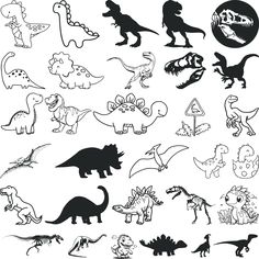 an assortment of dinosaur silhouettes on a white background