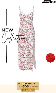 a white dress with pink flowers on it and the new collection sale up to 50 % off