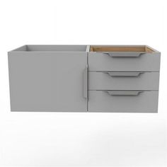 a gray cabinet with three drawers and two doors