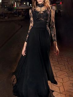 Black Dress Chiffon, Lace Overlay Wedding Dress, Dress Masquerade, Black Empire Waist Dress, High Neck Black Dress, Black Lace Long Sleeve Dress, High Neck Lace Dress, Black Chiffon Dress, Gown Vintage