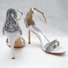 Nwt!! Designed By Badgley Mischka 3 1/2" Heel White Silk Satin, Rhinestones, Leather Soles Open Toe Adjustable Ankle Strap With Buckle White 4-inch Heel Heels For Gala, White 4-inch Heels For Gala, White Sandals With Heel Strap For Gala, White Crystal Embellished Open Heel Heels, Elegant White Sandals With Rhinestones, Glamorous White Wedding Shoes With 4-inch Heel, White Rhinestone Sandals For Formal Occasions, Glamorous White Embellished Sandals, Glamorous White Sandals With 4-inch Heel