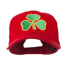 Clover St.Patrick's Day Embroidered Cap Red Cotton Trucker Hat With Embroidered Logo, Red Hats With Embroidered Logo And Curved Visor, Red Cotton Snapback Hat With Embroidered Logo, Red Baseball Cap With Curved Visor, Red Embroidered Logo Baseball Cap, Red Embroidered Logo Baseball Cap, One Size, Red Snapback Hat With Embroidered Logo And Curved Bill, Red Six-panel Cotton Baseball Cap, Red Cotton Fitted Hat With Curved Brim