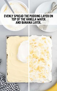 two pictures showing how to make a banana layer cake with icing and whipped cream