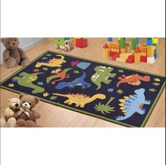 children's rug with various dinosaurs on it