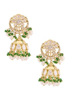 22kt gold plated jhumkas with white precious stone, moissanite polki embellishment and pearl drops.
Type: Embellished
Composition: 92.5 Silver
Color: White,Gold
Other Details: 
Handcrafted
Pearl drops
Dimensions L x W(in inch): 2.3 x 1
Weight (in gms): 53
Closure: Push back clasp
 - Aza Fashions Jhumkas Gold, Gold Jewelry Earrings, Jewellery Earrings, Jhumka Earrings, Buy Gold, Online Earrings, Pearl Drop, Aza Fashion, Online Jewelry