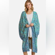 Umgee Emerald Floral Kimono Duster Nwt Size Small/Medium Open Front Wing Sleeve Asymmetrical Hem Rayon Blue Summer Kimono For Loungewear, Blue Rayon Kimono For Spring, Blue V-neck Kimono For Spring, Blue V-neck Kimono For Loungewear, Blue Kimono With Kimono Sleeves For Day Out, Blue Floral Print Wrap Kimono, One Size Blue Floral Print Kimono, Blue Printed Summer Kimono, One Size Blue Printed Kimono