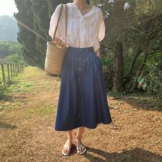 Olivia Mark - Vintage Casual High-waisted Pleated Midi Skirt Blue Midi Skirt, Vintage Casual, Pleated Midi Skirt, Types Of Skirts, Cami Dress, A Line Skirt, Casual Skirts, A Line Skirts, Pencil Skirt