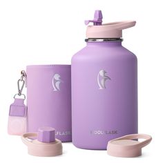 a purple water bottle with matching accessories