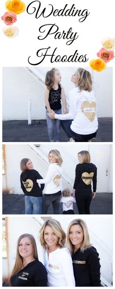 two women in black and white shirts standing next to each other, with the words wedding party