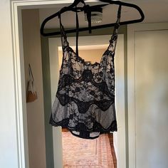 Size Medium, Never Worn - Has Just Been Sitting In My Closet For Years! Black Lace Camisole For Night Out, Black Lace Bra-friendly Camisole, Black Coquette Camisole Top, Victoria's Secret Lace Camisole Top, Black Sheer Tops For Night, Black Lace Tops For Loungewear, Black Coquette Top With Built-in Bra, Black Tops With Built-in Bra Coquette Style, Black Lace Camisole Sleepwear