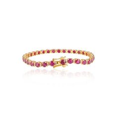 This is part of Chairish’s Fine Jewelry assortment.  This Natural Ruby and Diamond Tennis Bracelet in 18K gold showcases 9.27 carats endlessly sparkling natural ruby and 0.34 carats of diamonds. It measures 7 inches long in length.  Ruby improves mental strength.  Designed with perfect round cut ruby set in center with two diamonds after each ruby to make you stand out on any occasion or event. The elegant style complements the attire beautifully and is a perfect Engagement Gift, Bridal Shower G Luxury Ruby Diamond Bracelet, Luxury Ruby Bracelets, Elegant Ruby Tennis Bracelet In Yellow Gold, Elegant Yellow Gold Ruby Tennis Bracelet, Luxury Red Ruby Tennis Bracelet, Luxury Red Diamond Tennis Bracelet, Luxury Red Tennis Bracelet, Red Luxury Jubilee Tennis Bracelet, Yellow Gold Ruby Diamond Jubilee Bracelet