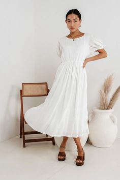 Midi dress in white Cheap White Casual Dress, Cheap White Crew Neck Dress, Cheap White Midi Dress For Daytime, Pleated Pattern, Gathered Bodice, Calf Length Dress, Rounded Neckline, Classic Beauty, Modest Dresses