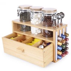 PRICES MAY VARY. 【Package Quantity 】: bamboo organizer (assemble) x 1 piece，glass Sealed jar x 3 piece , scoop x 3 piece , coffee pods holder strips x 8 piece. 【Glass sealed jar】:40 fluid ounce ( 1200 ml), Diameter: 3.94 inch, Height: 7.09 inch.The glass sealed jar can hold up 16 oz( 1 LB ) of coffee beans.the airtight bamboo lid have a silicone sealed ring keeping its contents fresher and longer. 【Multi Usages - jar】The Airtight glass jars are perfect for storing coffee beans,ground coffee,loos Tea Coffee Bar, Coffee Bar Storage, Coffee Organizer, Coffee Organization, Glass Kitchen Canisters, Tea Bag Storage, Kitchen Counter Organization, Tea Organization, Coffee Pod Holder