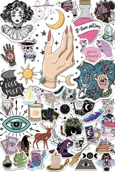 an assortment of stickers with different designs on them, including hands and other items