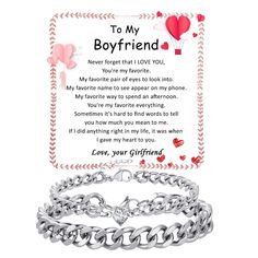 a silver bracelet with a heart on it and an i love you message in the middle